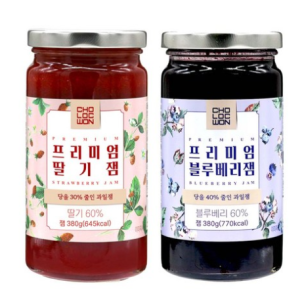 Green Circle 60% Fruit Content Premium Fruit Jam 2 Kinds SET (Strawberry Jam + Blueberry Jam), 380g, 1 Set