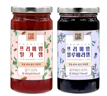 Green Circle 60% Fruit Content Premium Fruit Jam 2 Kinds SET (Strawberry Jam + Blueberry Jam), 380g, 1 Set