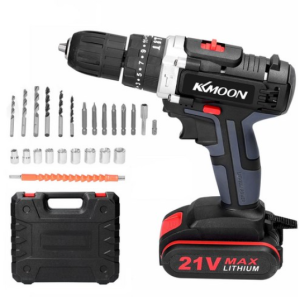 KKMOON 21V Cordless Electric Drill Rechargeable Hammer Drill Impact Drill Set, Black/1 Battery, 1 Set