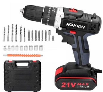 KKMOON 21V Cordless Electric Drill Rechargeable Hammer Drill Impact Drill Set, Black/1 Battery, 1 Set