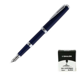 Sailor fountain pen legless blue silver + ink cartridge 12p value set