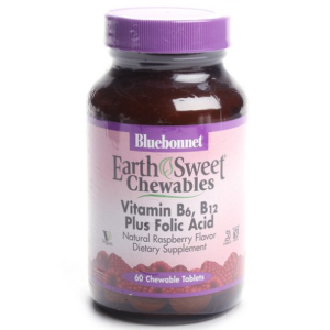 Bluebonnet Earth Sweet Vitamin B6 B12 Plus Folic Acid Natural Raspberry Chewable Tablet Vegan Gluten Free